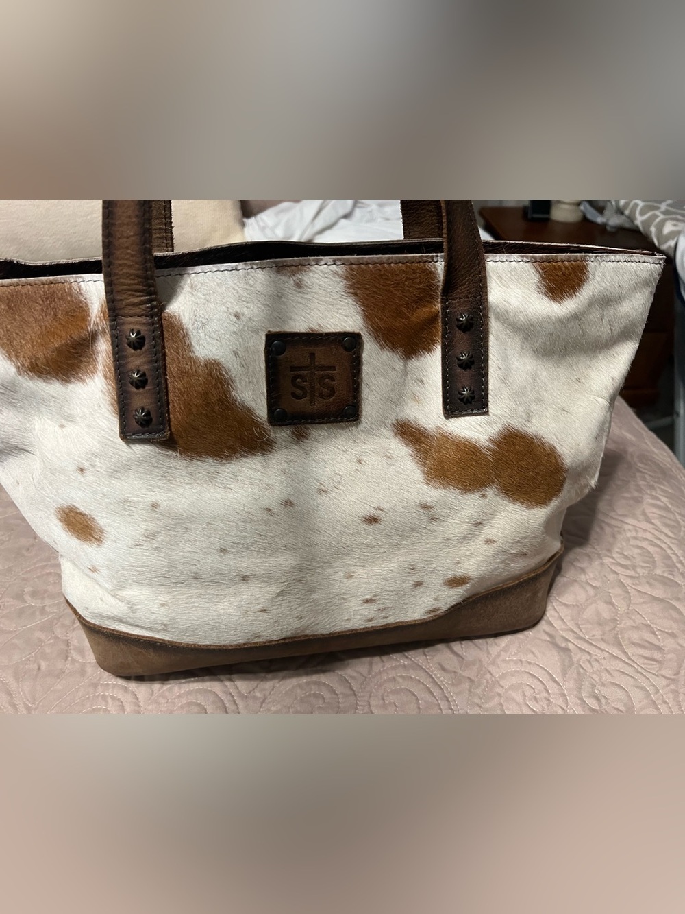 STS Ranchwear White & Brown Hair-on-Hide Tote with Leather Trim